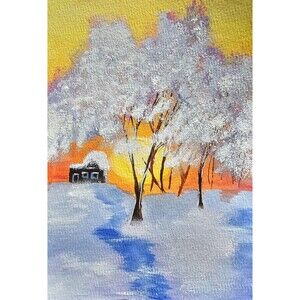 Original Forest Sunset Watercolor Painting Winter Landscape Christmas Wall Art